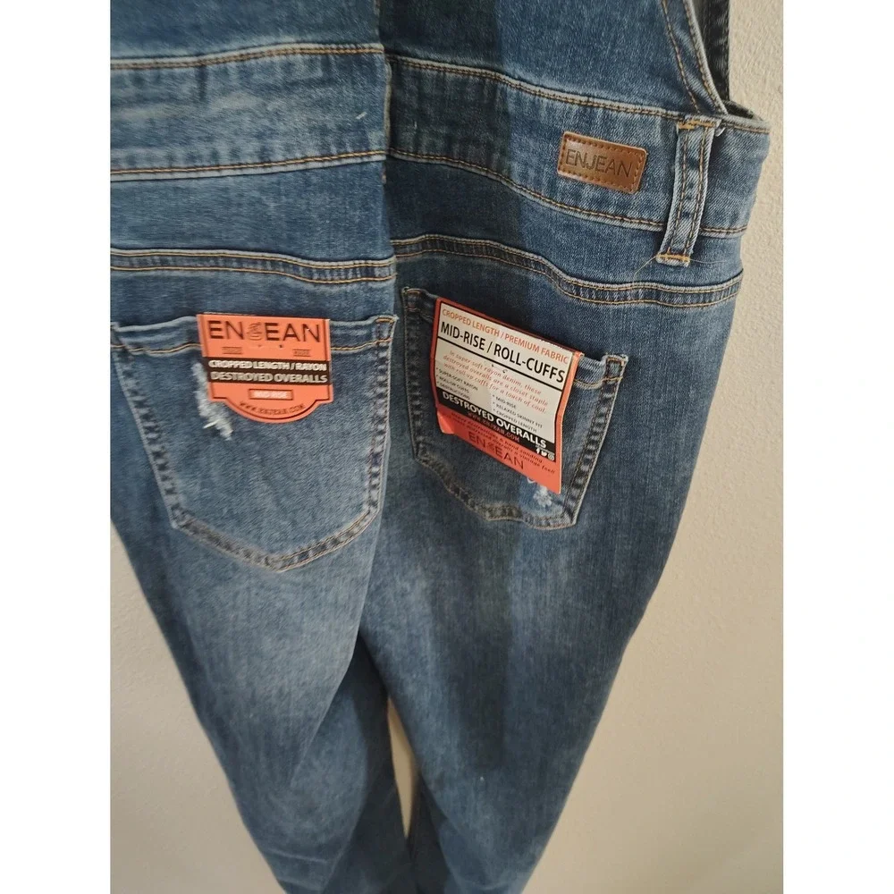 Enjean Womens Distressed Denim Overalls Medium Wash Relaxed‎ Skinny EOP903 L